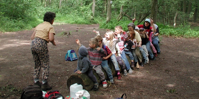 Auenzwerge – Kinder sitzen hintereinander auf einem Baumstamm